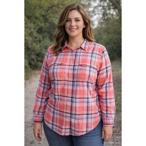 St Johns Bay Orange Plaid Button Down Shirt Casual Cotton Layering Large